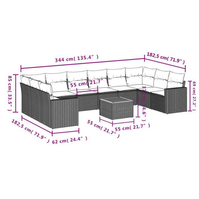 VidaXL Salon de Jardin avec Coussins 11 pcs, Canapés de Terrasse, Ensemble de Meubles de Patio, Mobilier d'Extérieur, Noir 3256622