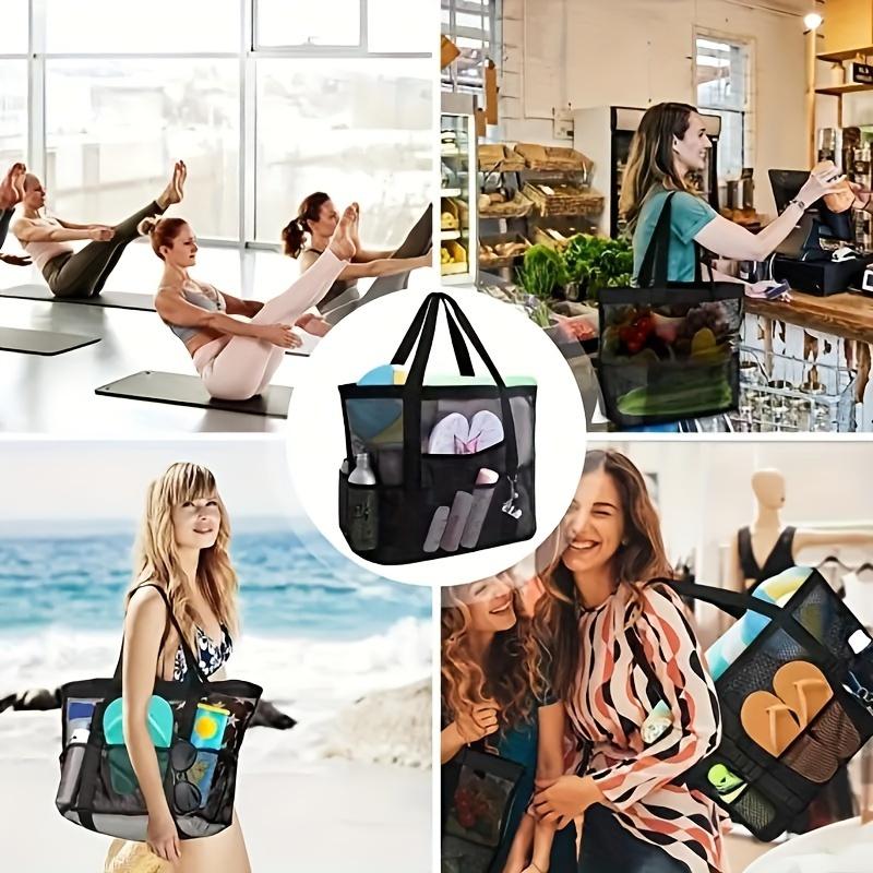Large Capacity Mesh Beach Tote Bag for Swimming, Shower, Fitness & Travel, Foldable Grocery Zipper Bag, Summer Beach Essential