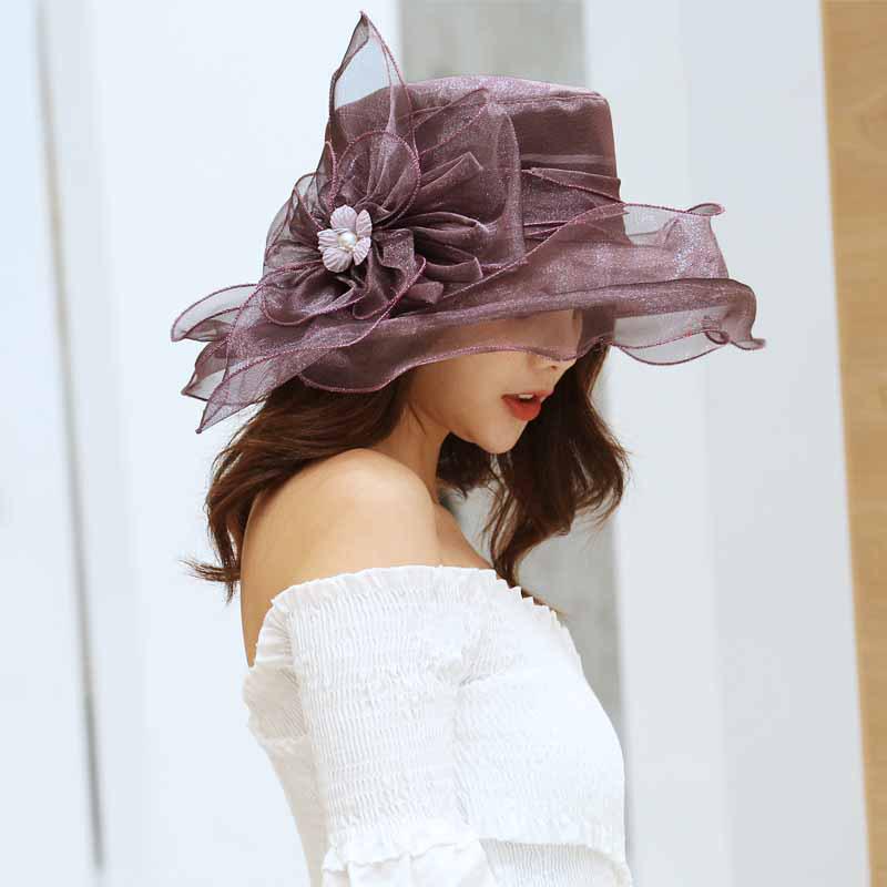 Women's Bright Color Sun Protection Hat - Breathable Organza with Single Flower for Spring/Summer Beach Travel