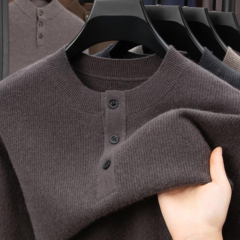 Men's Luxury 100% Cashmere Pullover - Skin-Friendly, Warm Base Layer with Button Collar for All Ages