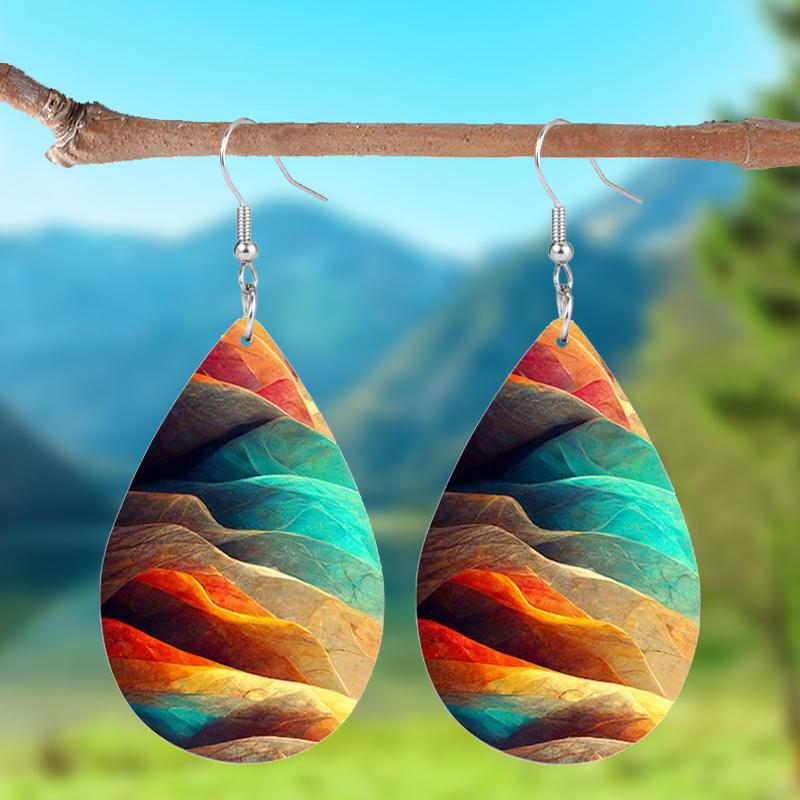 

1 пара абстрактных красочных кожаных серег с узором горного пика, серьги-капли с принтом, праздничные ювелирные изделия, подарки для женщин и девочек