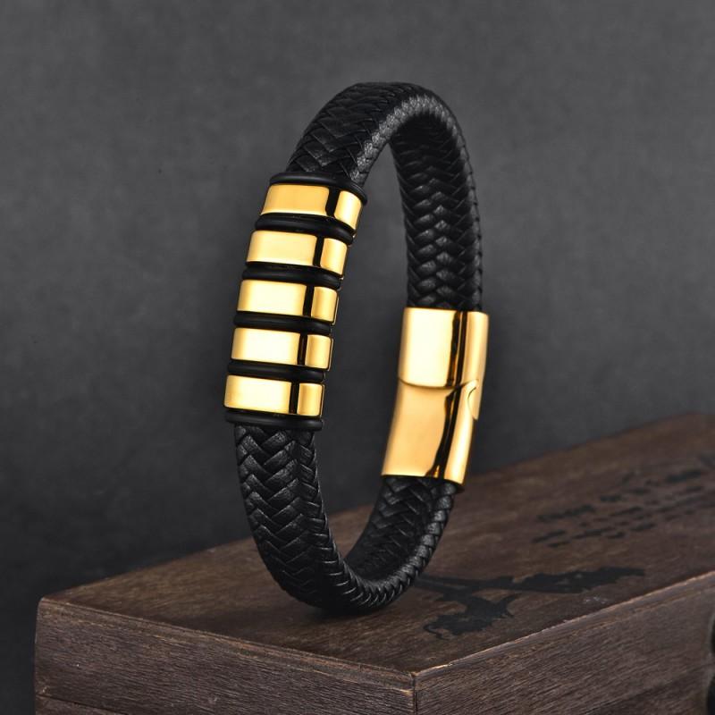 Mens Stainless Steel Braided Leather Bracelet With Magnetic Clasp Geometric Design Fashion Accessory Office Casual Wear