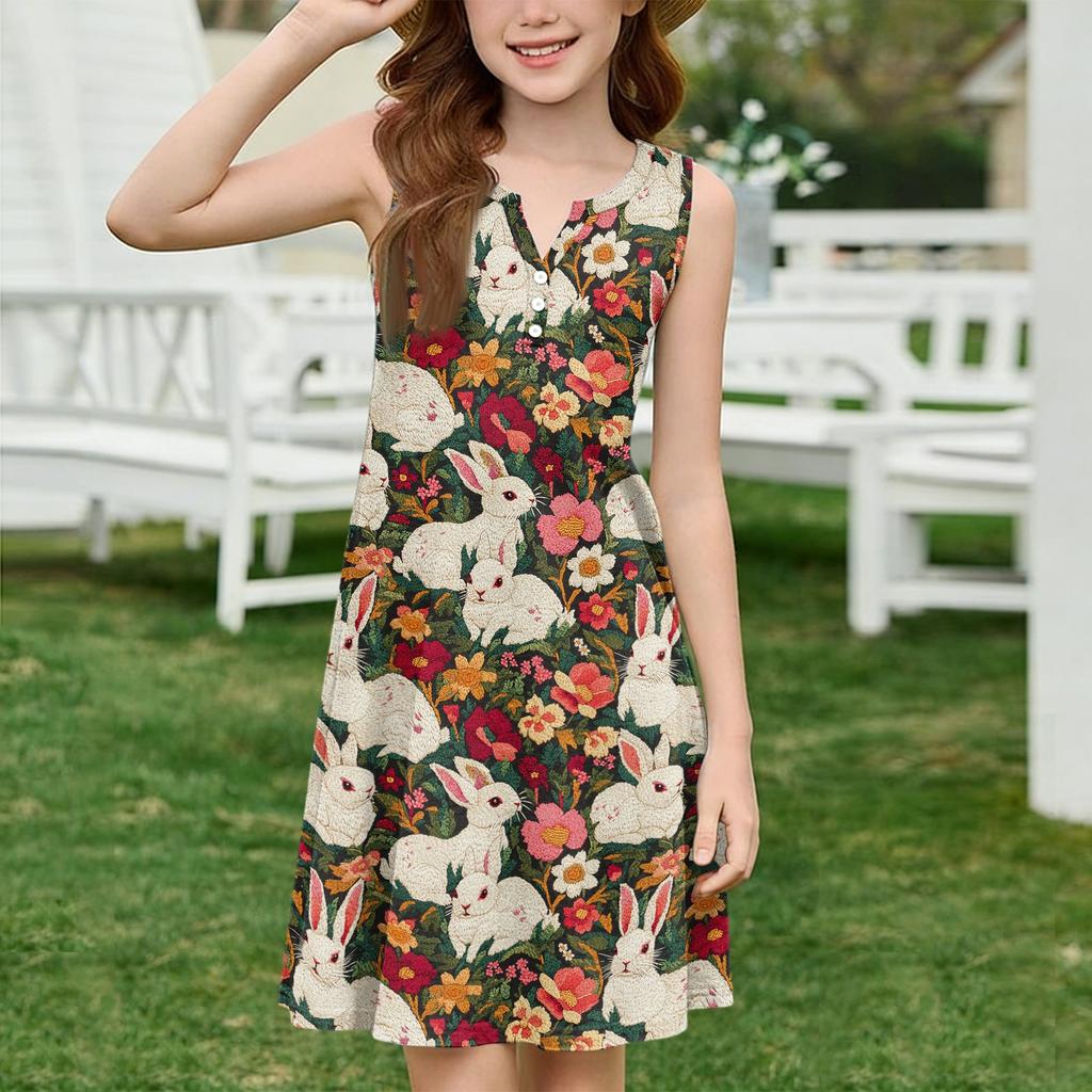 Girl Summer Dress Color & Print Sleeveless Dress With Pocket Casual Dress Sleeveless Party Dress