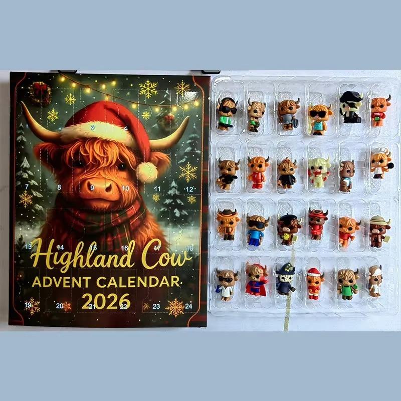 2026 Hochlandrind Adventskalender 24 Tage 3D Weihnachten Countdown Kalender Wiederverwendbar Niedlich Festival Ornamente Set Weihnachtsgeschenk