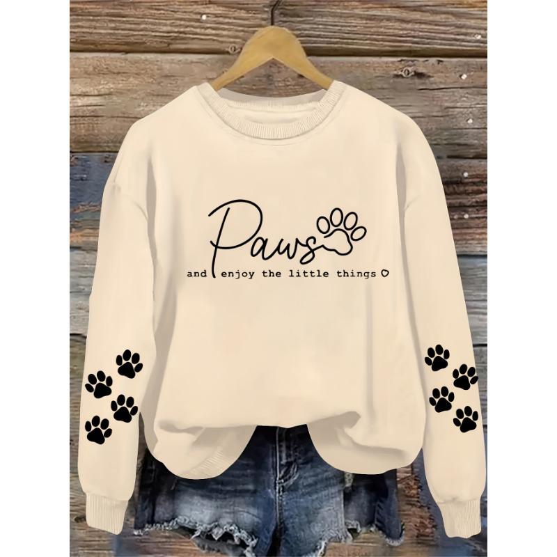 Women's comfortable paw print crew neck sweatshirt, casual long sleeve pullover
