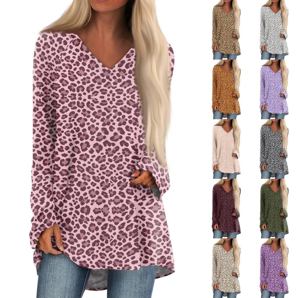 Women's Casual Leopard Print Long Sleeve V Neck Tunic T-Shirt