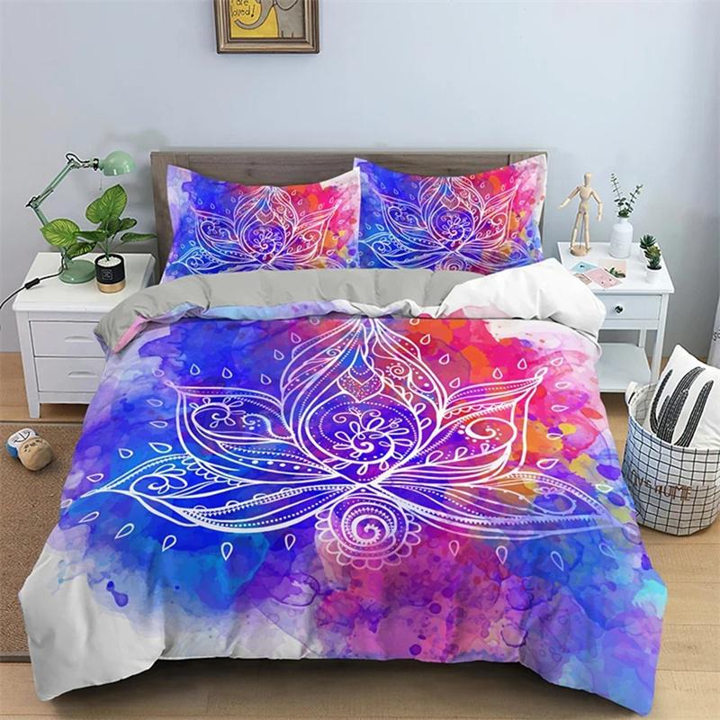 

3D Bohemian Lotus Bedding Set,Duvet Cover Comforter Bed Set Quilt Cover Pillowcase,King Queen Twin Size Boys Girls Adults 135x200cm 2pcs