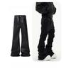 FlowStreet Streetwear Jeans Neri Elasticizzati in Pelle Cerata da Uomo Ropa Hombre Pantaloni Baggy Y2k a Zampa Jeans Dritti Oversize