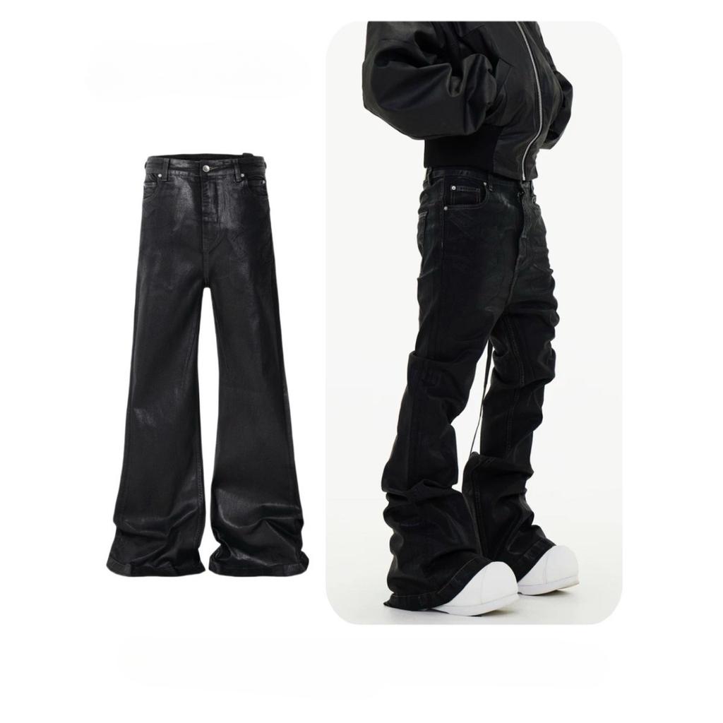 FlowStreet Streetwear Jeans Neri Elasticizzati in Pelle Cerata da Uomo Ropa Hombre Pantaloni Baggy Y2k a Zampa Jeans Dritti Oversize