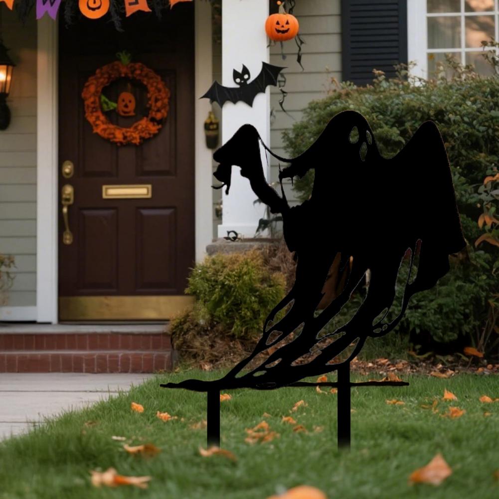Metal Ghost Garden Stake Ghost Silhouette Ornament Halloween Gothic Yard Sign with Stakes for Outdoor Lawn Graveyard Decoration