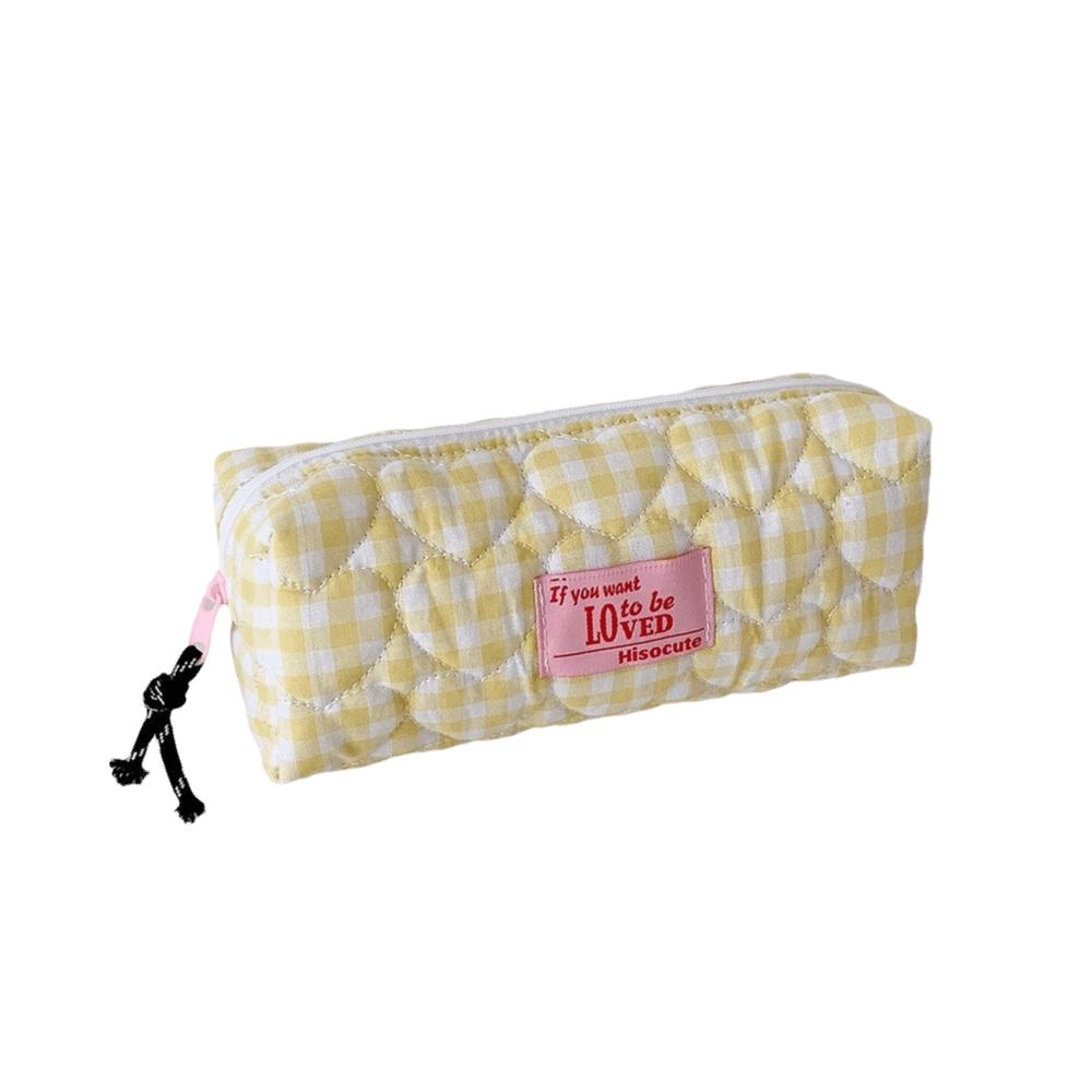 

Quilted Pen Bag Heart Grid Student Pencil Case Stationery Storage Organizer for Students Gift жовтий