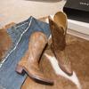 Autumn Winter Vintage Women Western Cowboy Boots Fashion Slip On Thick Heel Shoes Embroidery Knight Long Botas