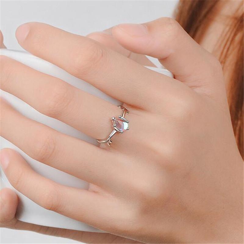 New Personality Beautiful Colorful Moonstone Deer 925 Sterling Silver Jewelry Elk Branch Antler Women Opening Rings R446