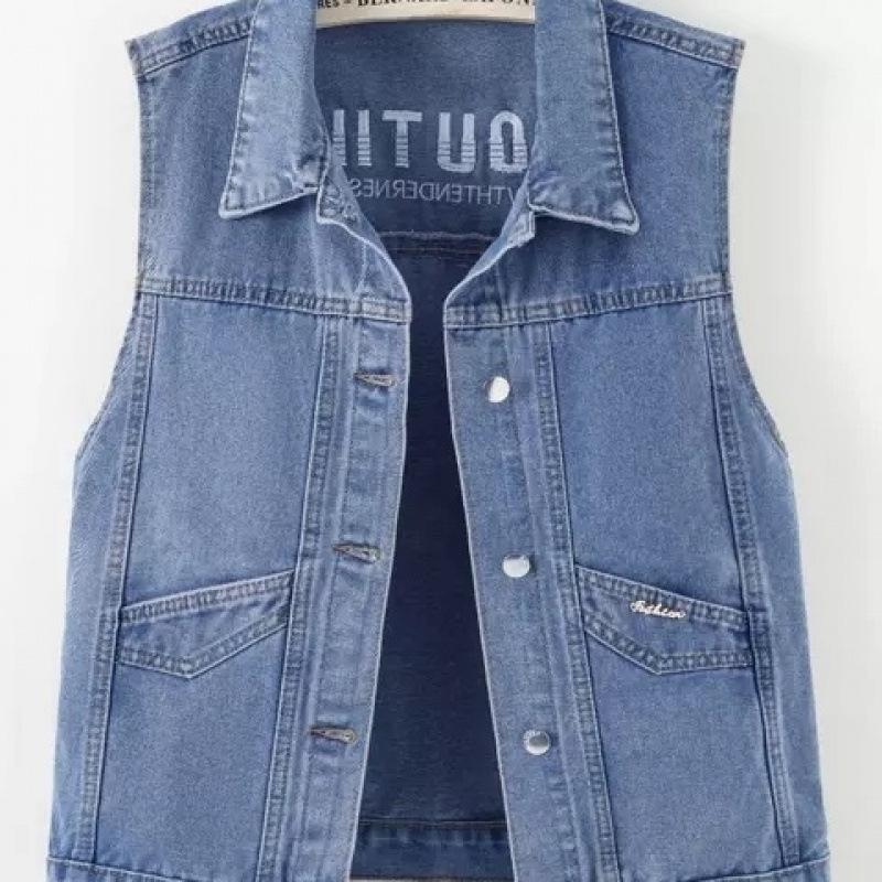 

Women s Plus Size Embroidered Denim Vest with Big Pockets - Autumn Sleeveless Cardigan S (under 95 catties) синий