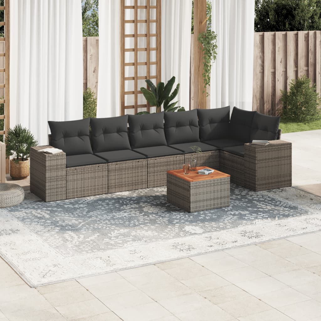 7 Piece Garden Sofa Set with Cushions Gray Poly Rattan