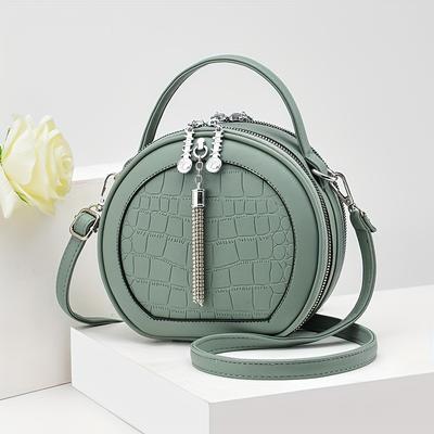 Round Crocodile Pattern Handbag, Fashion Mini Crossbody Bag, Women's Zipper Shoulder Purse
