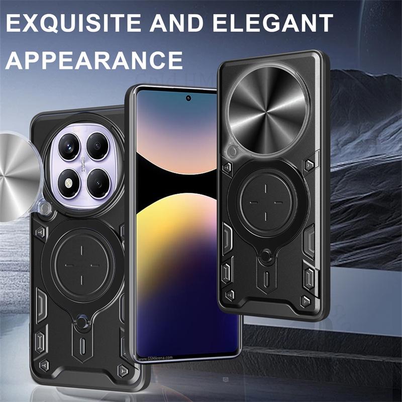 Push Window Alloy Magnetic Kickstand Armor Case For Redmi Note 14 Pro Plus 5G Slide Lens Ring Stand Cover Redmi Note 13 Pro Plus