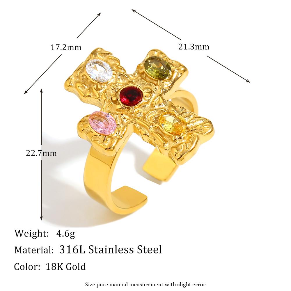 MamacitaSlay 18K Gold Plated Stainless Steel Zircon Irregular Texture Cross Open Ring 2025 Unique Waterproof Jewelry Unisex Gift resizable