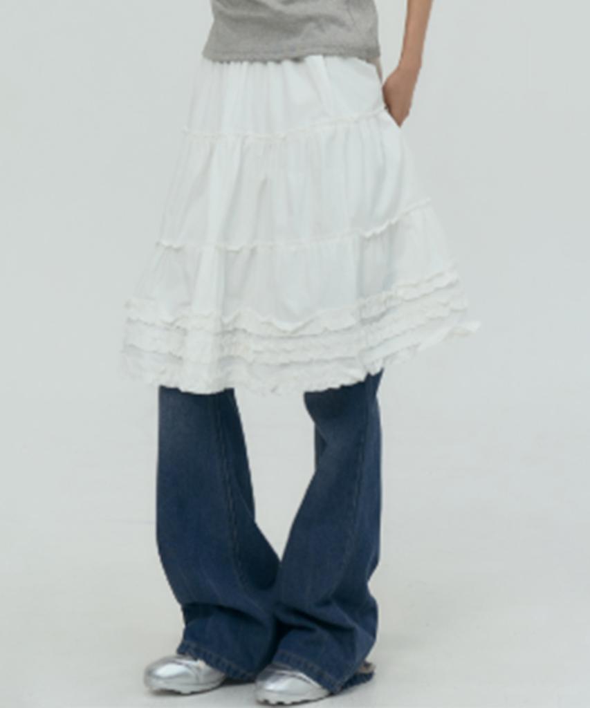 Place Studio Dual Frill Banding Flare Tiered Midi Skirt