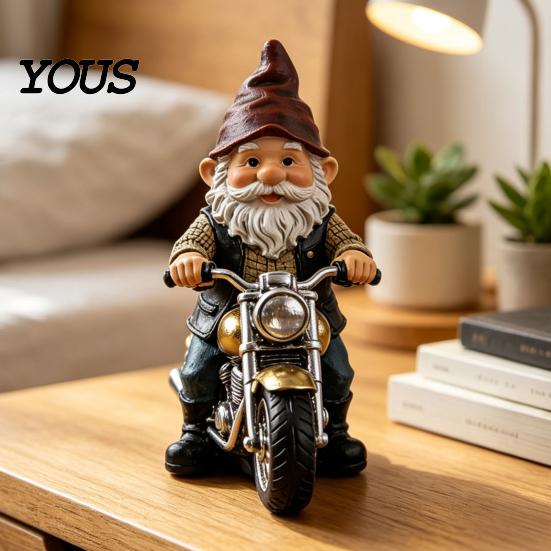 Dwarf Resin Sculpture Gnome Riding Retro Motorcycle Figurine, Motorbike Statue Desktop Ornament Sculpture, for Home Office Desk Bookshelf