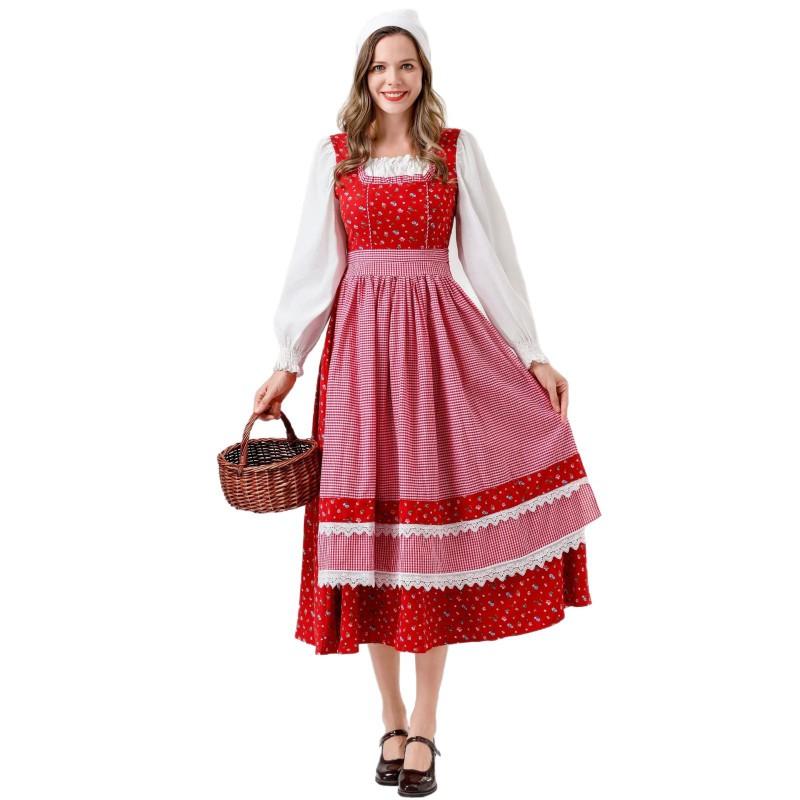 S-XL Halloween Little Red Riding Hood Cosplay Dress Retro Farm Party Costume Women