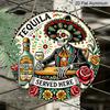 2D Flat, 1pc Round Aluminum Tequila Served Here Sign, Mexican Sugar Skull & Sombrero Metal Wall Art, Day of the Dead Style Tequila Bar Decor