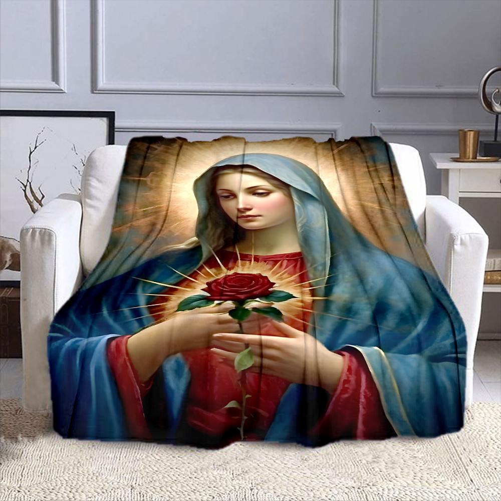 "Virgin Mary with Sacred Rose" Patterned Flannel Blanket Perfect for the Bedroom Living Room, Sofa, or a Little Nap