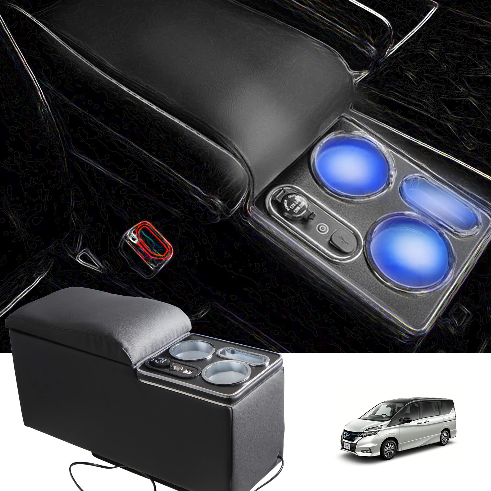 

YESHMA Serena C27 Highway Star Консоль Смарт-консоль с Джиггером для напитков и USB-портом для удобного хранения e-POWER Box, Подлокотник, Держатель, Розетка, Светодиод, чёрный