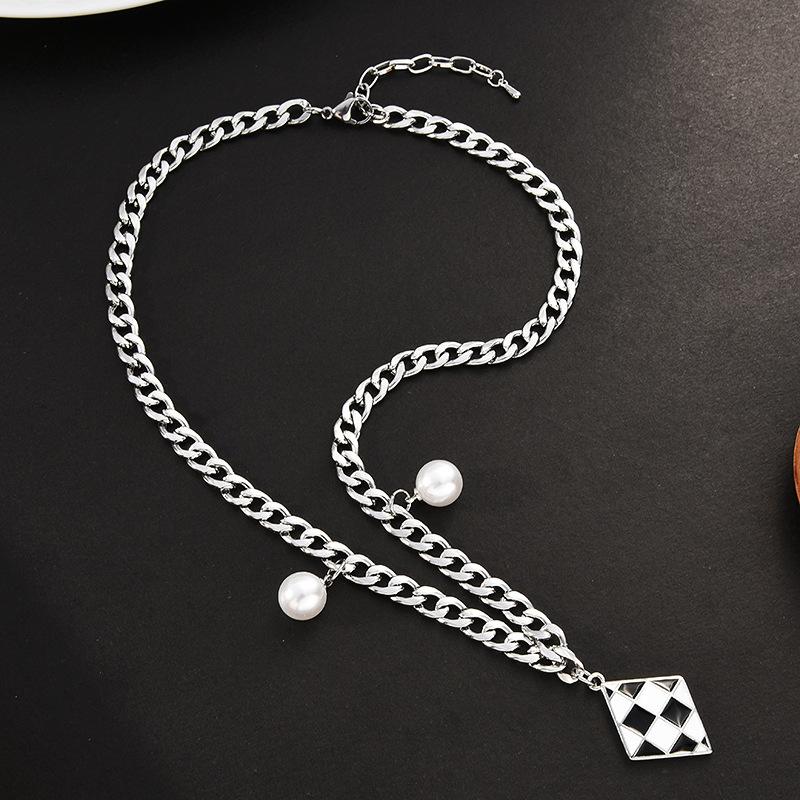 Heart Trendy Shape Titanium Steel Necklace Featuring Stylish Black And White Checkerboard Design