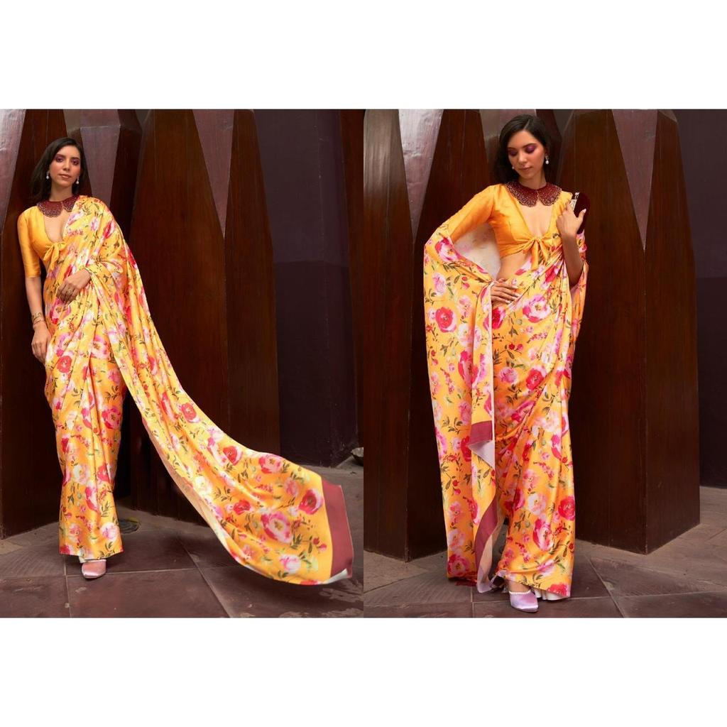 Digital printed Silk Saree,Blouse (Need To Be Stitched As Per Size And Fit) (5 COLOR)