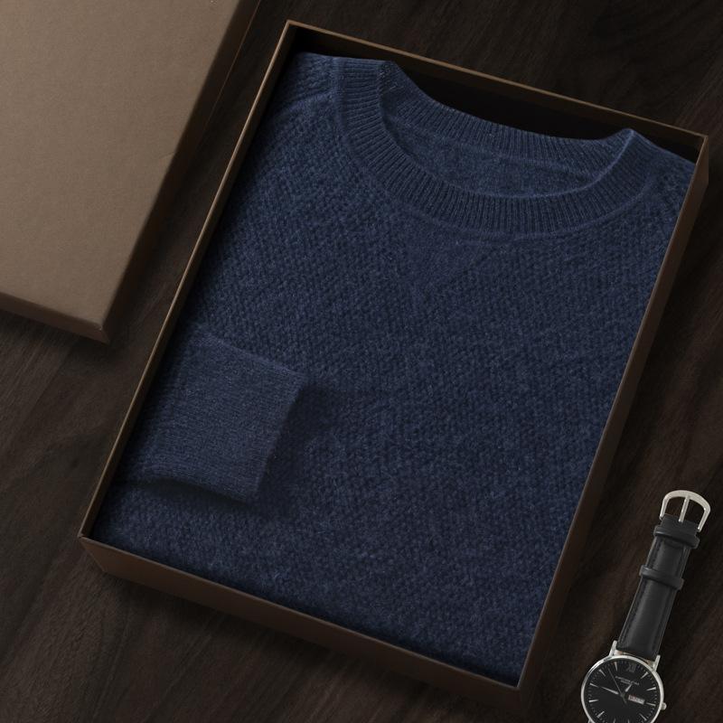 

Thickened cashmere shirt round neck honeycomb needle wool knitted pullover sweater soft waxy inside XXXL темно-синього кольору