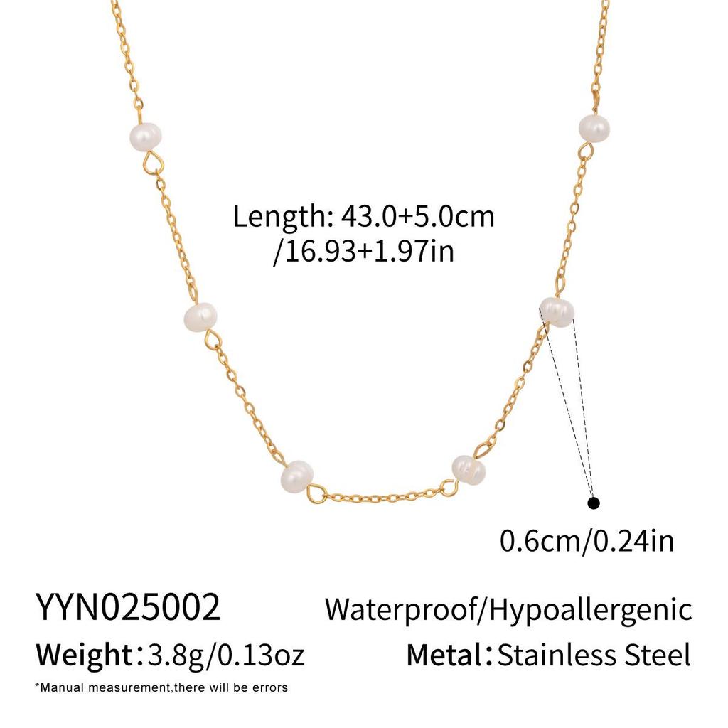 Xia Ling Simple Elegant Freshwater Pearl O-Chain Necklace Bracelet, 18K Gold-Plated Stainless Steel Jewelry