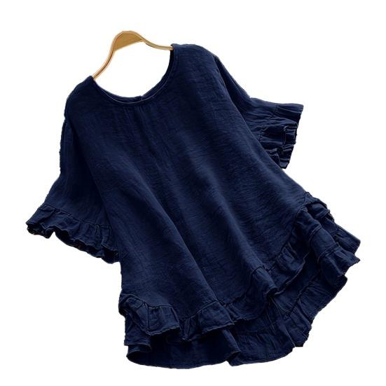 Women Tops Round Neck Short Sleeve Loose Fit Pullover Tops Pure Color Ruffle Hem