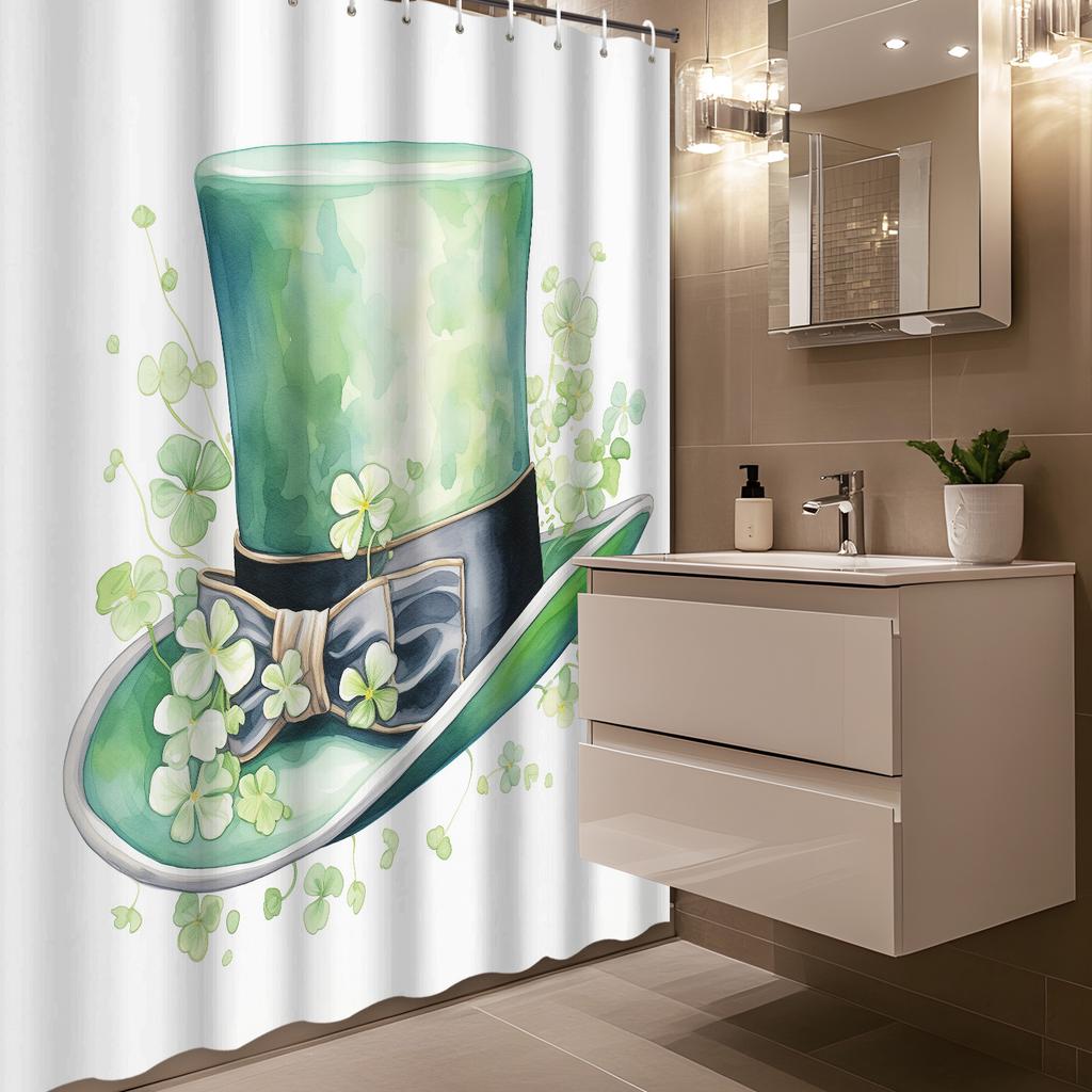 Four-leaf Clover Green Hat Plant Printed Shower Curtain with 12 Hooks - Bathroom Decor & Accessories