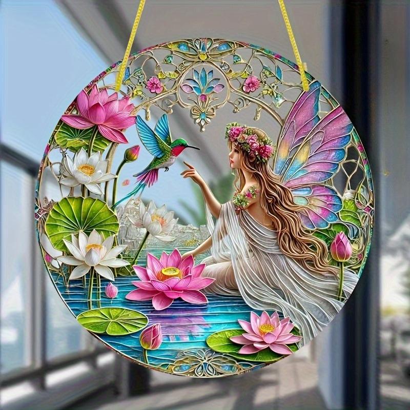 Barevná 2D plochá akrylová dekorace květiny a kolibříka, Nevyžaduje baterie/elektřinu, Jedinečná vnitřní/venkovní dekorace, Víceúčelová tradice