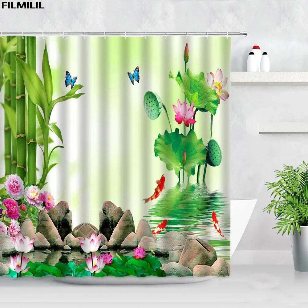 Zen Buddha Green Bamboo Shower Curtain Palm Trees Beach Ocean Flower Plant Nature Landscape Wall Hanging Bathroom Decor Curtains