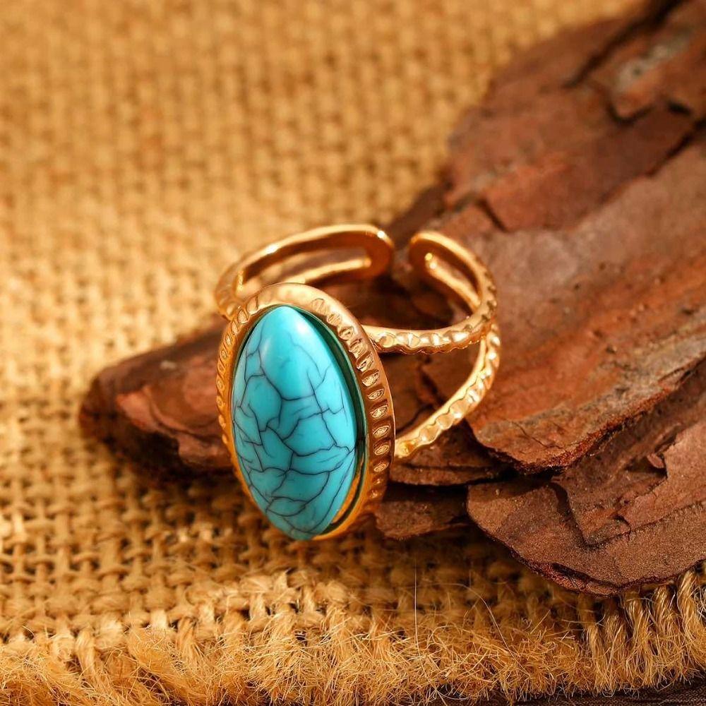 Retro Opal Turquoise Metal Ring Korean Style Geometric Geometric Open Ring Jewelry Accessories Alloy Wide Finger Buckle Friend