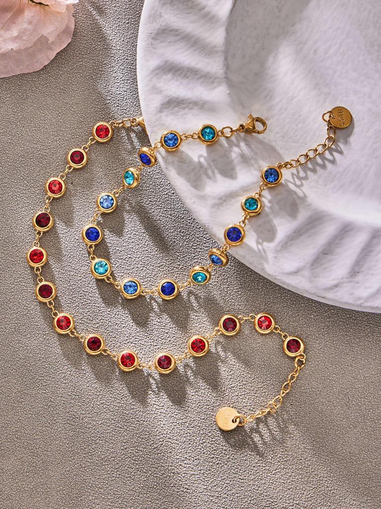 Elegantes Armband- und Halskettenset aus 5A-Zirkonia-Edelstahl mit farbigen Diamantquasten-Ohrringen