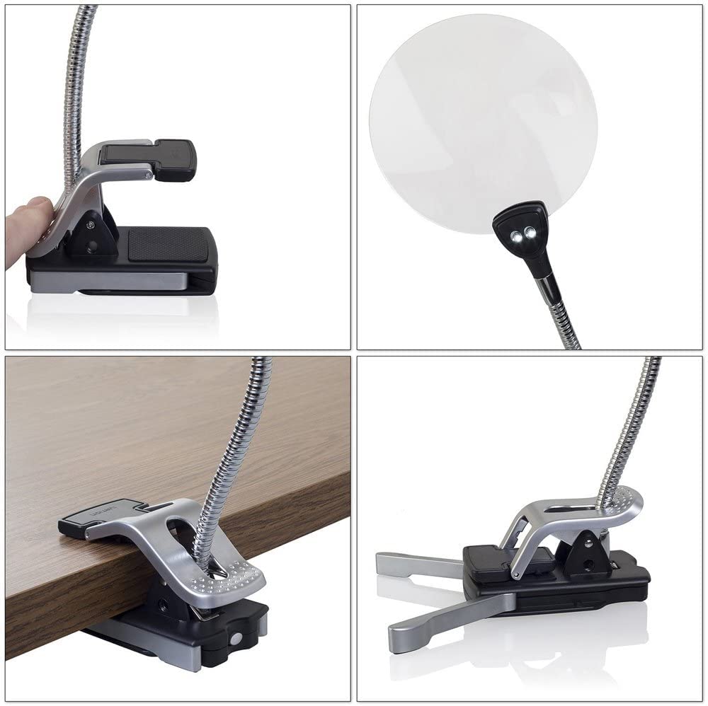COOLEAD Stand Magnifying Glass with LED 11cm Lens Adjustable Angle and Ideal for Desktop Nail Precision and More Light, Clip-on Compatible, Diameter,