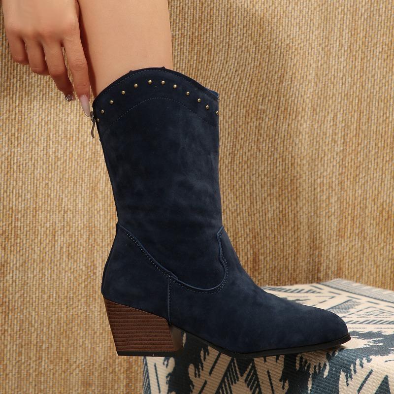 New Rivet Pointed Toe Mid-Top Boots Women's 2025 Winter Thick Heel Suede V-Mouth Knight Boots