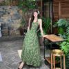 Summer New Retro Fashion Temperament Waist and Thin V-neck Straps Neck Dress Floral Dress Women