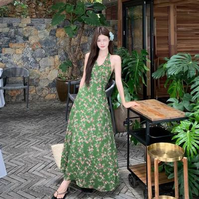 Summer New Retro Fashion Temperament Waist and Thin V-neck Straps Neck Dress Floral Dress Women
