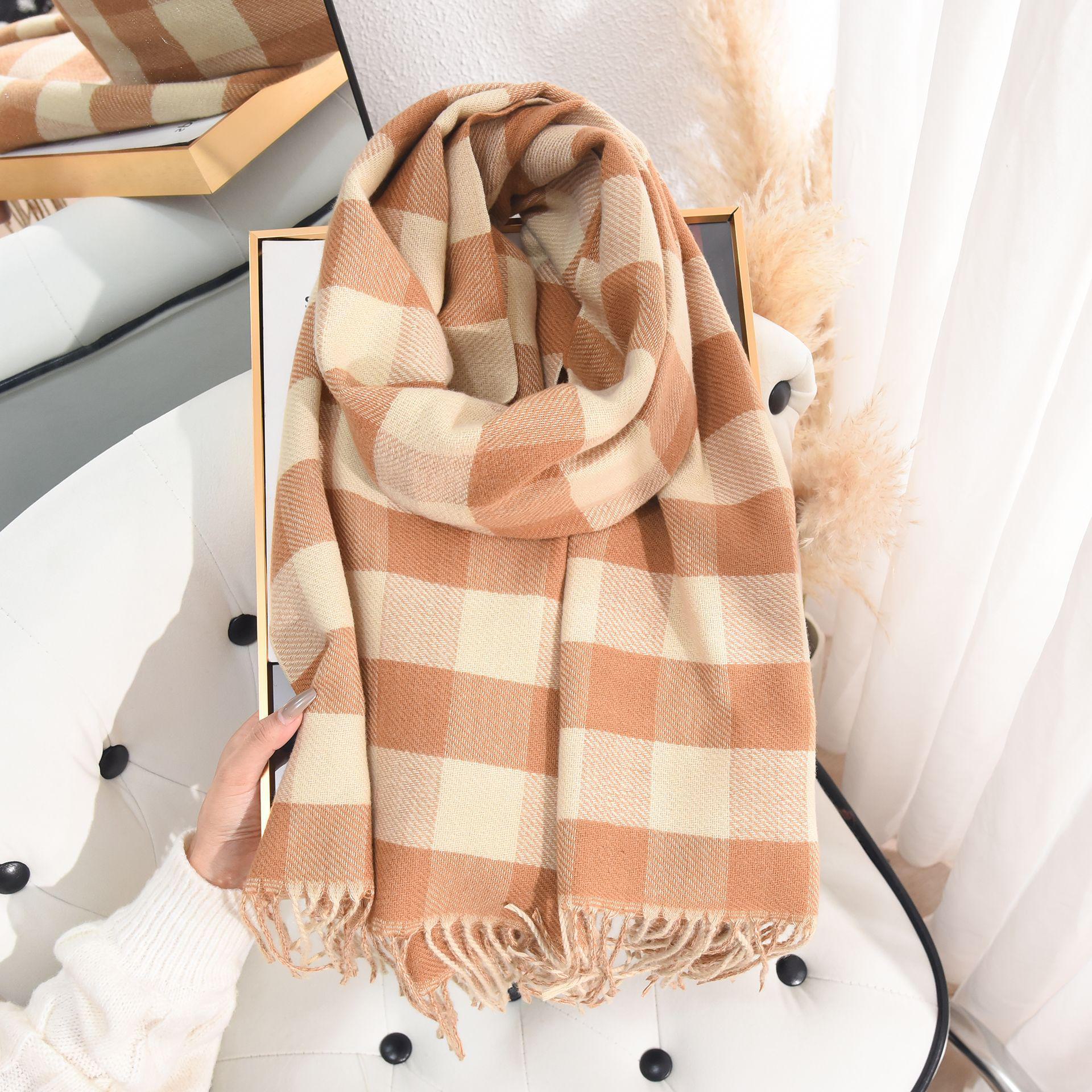 

Клетчатый двухсторонний шарф из искусственного кашемира для женщин - теплая шаль на осень/зиму 65*180 светло-оранжевый