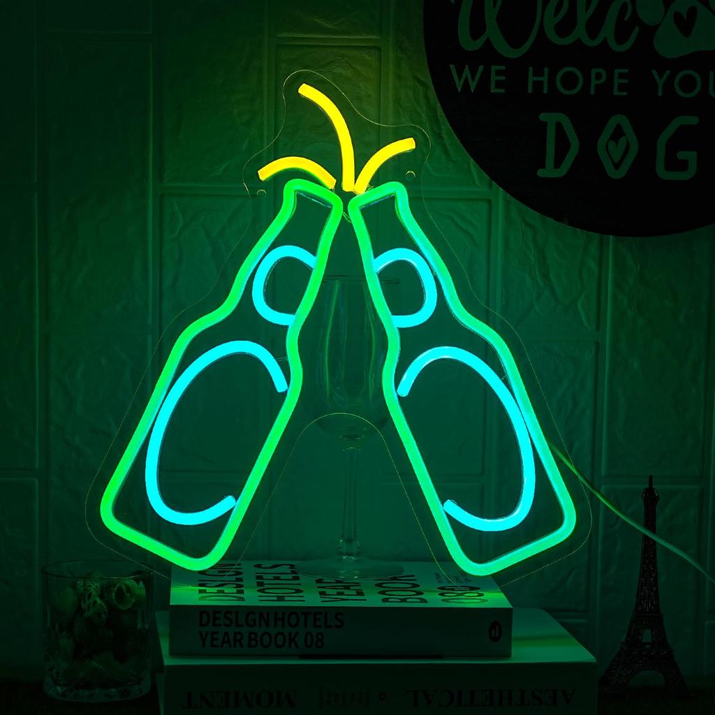 Alkkign Beer Neon Light Up Bar Green Cheers Neon USB Powered Neon Bar Sign for Wall Bar Sign for Home Izakaya Man Cave Party Sign, Sign, Sign, Decor,