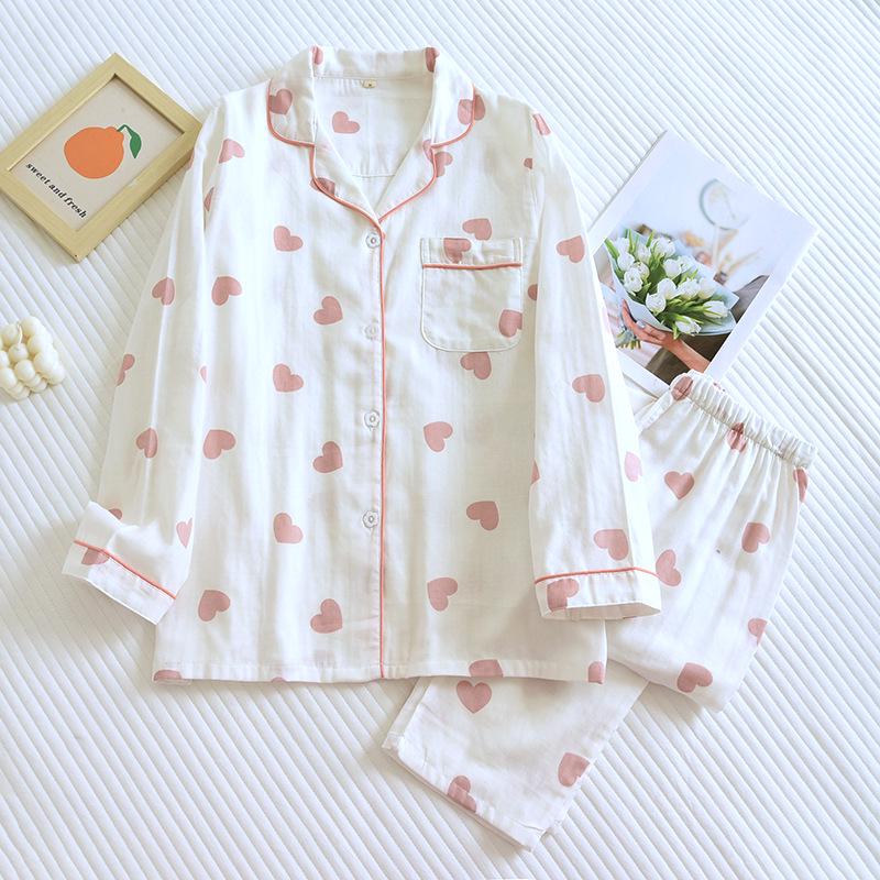 Women's Long Sleeve Cotton Pajamas - Heart Pattern, Double Layer Gauze, Sweet & Cozy Homewear Set for Spring/Autumn