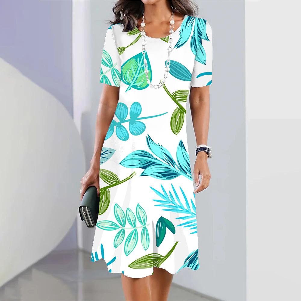 

Элегантный 3D-принт с зелеными листьями, короткие рукава, свободные юбки, лето-весна, женская уличная одежда, цельное платье для пляжной вечеринки, большие размеры XL