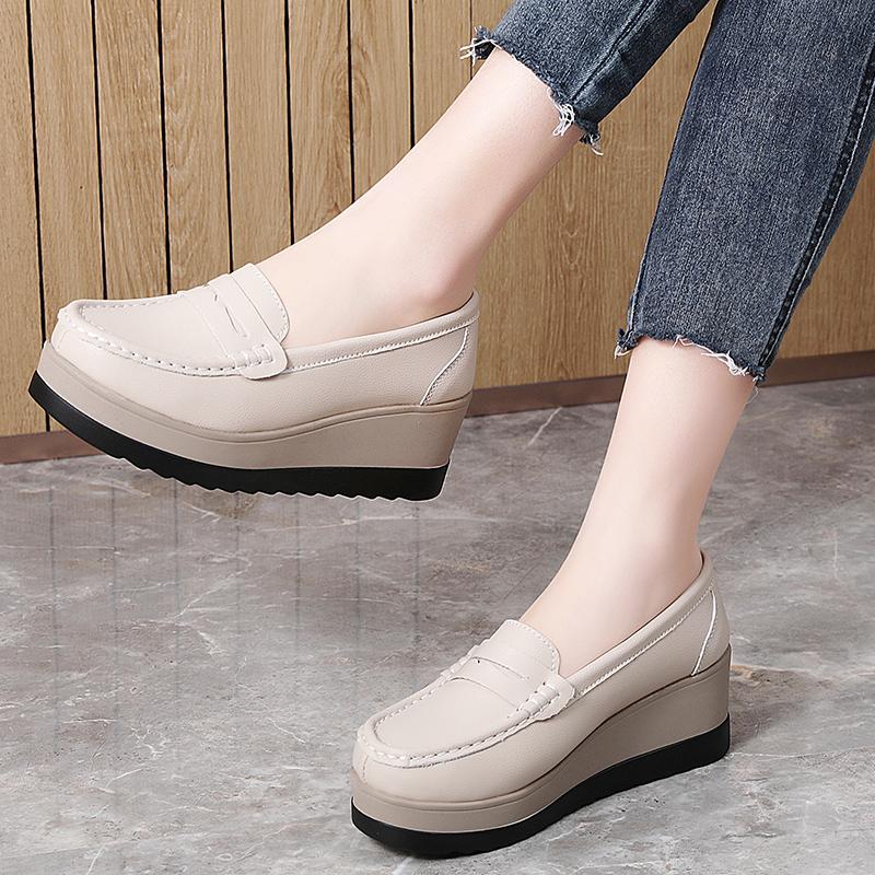 Ladies Platform Loafers Casual Elegant Black Leather Women Thick Sole Shake Shoe Plus Size
