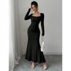 Elegant Sexy Long Sleeved Fishtail Dress Tight Fit Spring Pleated Square Collar Solid Color Party Maxi Long Dresses Evening Spring Bodycon Dress