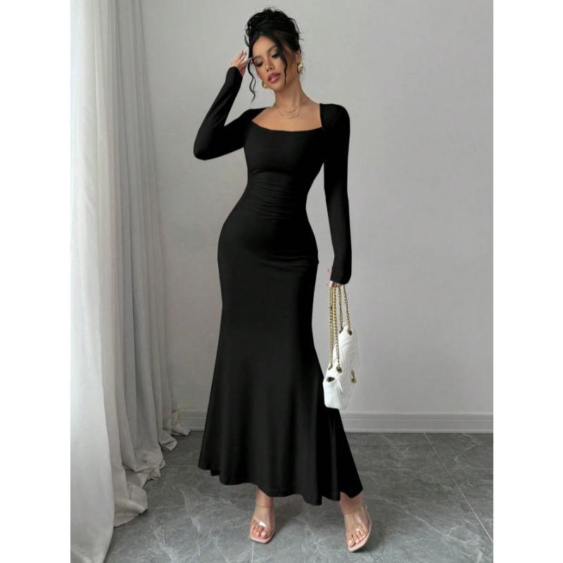 Elegant Sexy Long Sleeved Fishtail Dress Tight Fit Spring Pleated Square Collar Solid Color Party Maxi Long Dresses Evening Spring Bodycon Dress