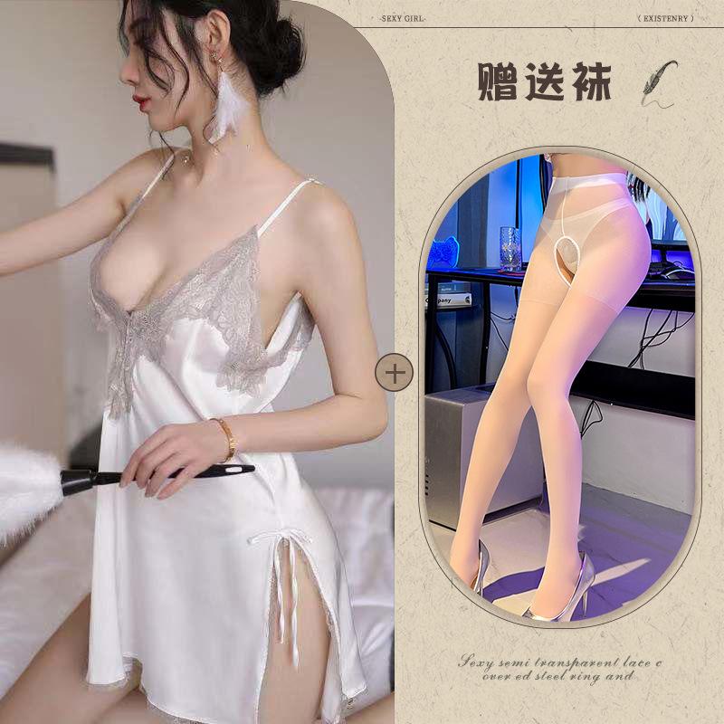 Fun underwear ice silk temptation sexy split-ended nightdress water-soluble flower hollow suspender pajama set
